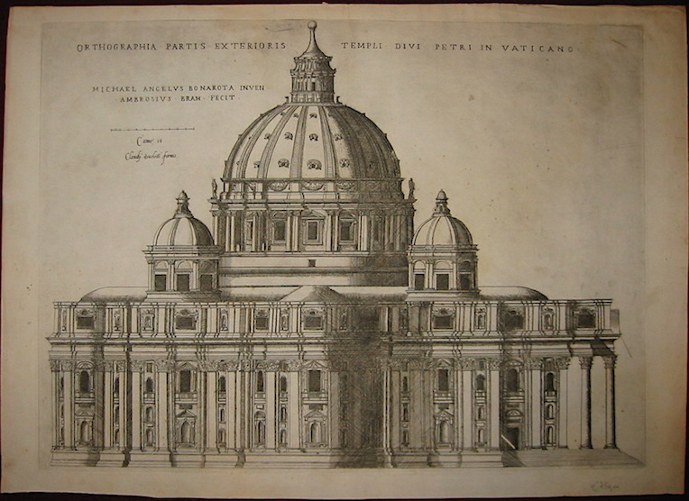 Brambilla Ambrogio (attivo nell'ultimo ventennio del XVI Secolo) Ortographia partis exterioris Templi Divi Petri in Vaticano. Michael Angelus Bonarota inven. Ambrosius Bram. fecit s.d. (1585 ca.) Roma 